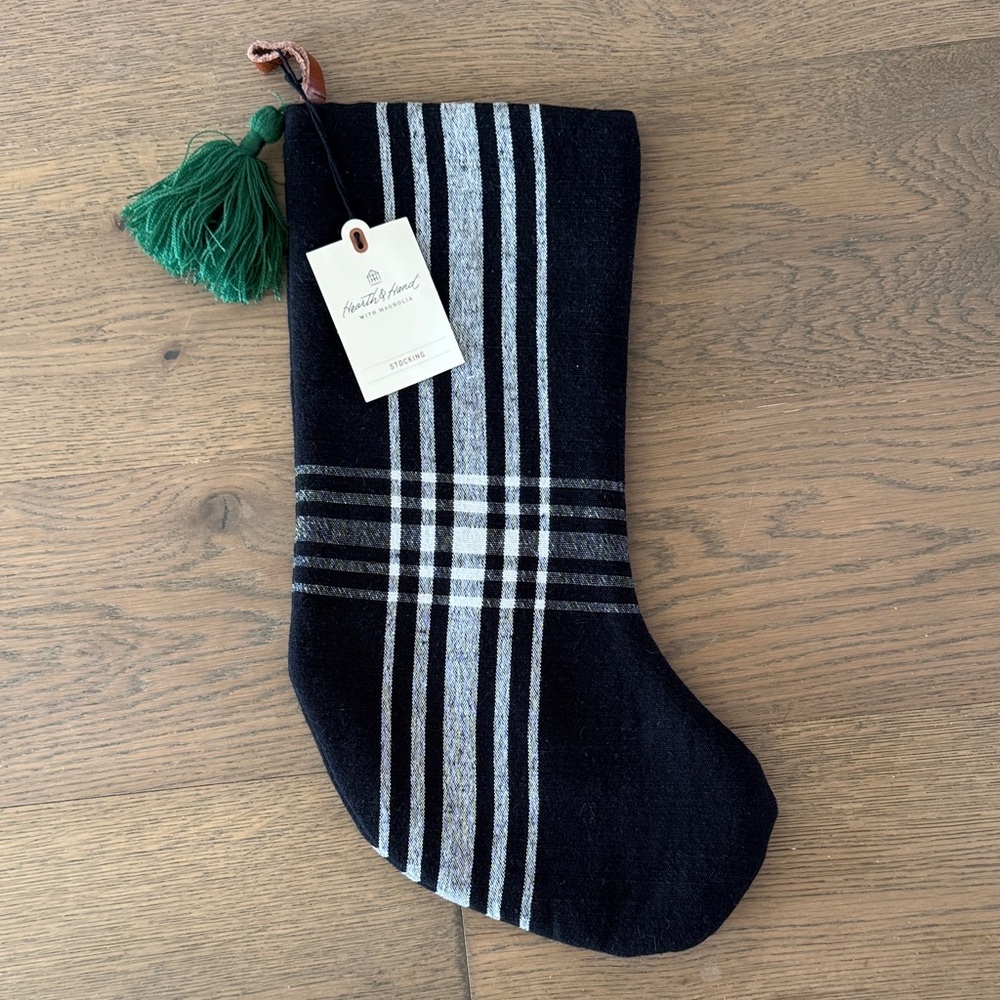 Hearth and Hand Black and white plaid Stocking with Green Tassel